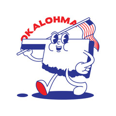 Oklahoma State retro mascot with hand and foot clip art. USA Map Retro cartoon stickers with funny comic characters and gloved hands. Vector template for website, design, cover, infographics.