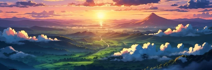 Crédence de cuisine en verre imprimé Couleur saumon Wide angle animation anime panoramic landscape of clouds from above mountains at evening from Generative AI