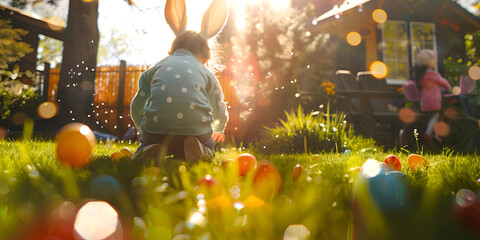 Family enjoying an Easter egg hunt in the backyard

 - obrazy, fototapety, plakaty