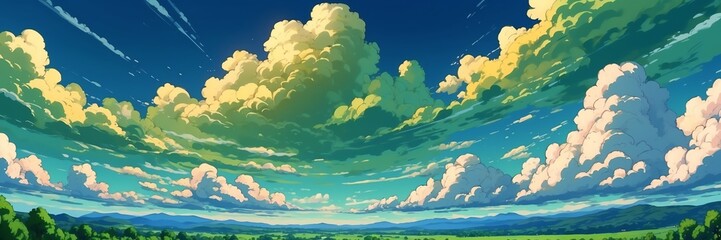 Fototapeta na wymiar Wide angle animation anime panoramic landscape of green clouds on the sky from Generative AI