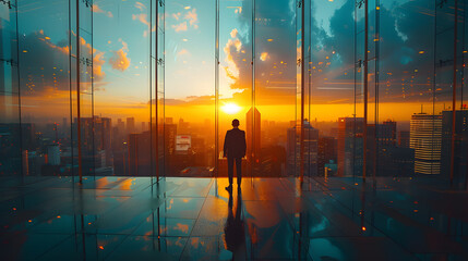 Urban Businessman Contemplating at Sunset, Look Out at Dusk, Cityscape View from Office Window, Corporate Executive Standing Silhouette to Modern City Skyline Evening Reflection, Successful Concept.