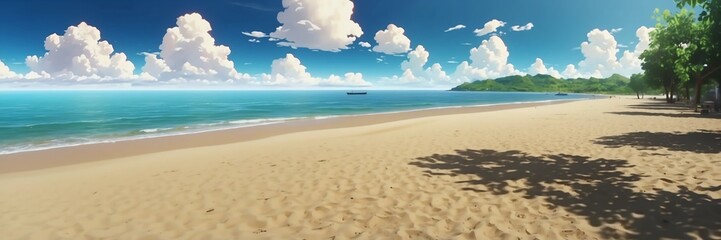 Fototapeta na wymiar Wide angle animation anime panoramic landscape of island beach in summer from Generative AI