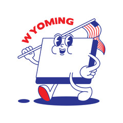 Wyoming State retro mascot with hand and foot clip art. USA Map Retro cartoon stickers with funny comic characters and gloved hands. Vector template for website, design, cover, infographics.