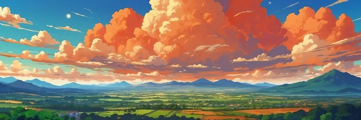 Foto op Canvas Wide angle animation anime panoramic landscape of orange clouds on the sky from Generative AI © sevenSkies