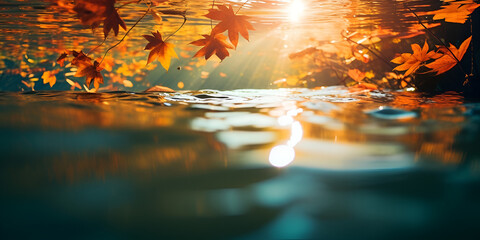 Closer autumn leaves in the water at sunrise in the style of photorealistic .