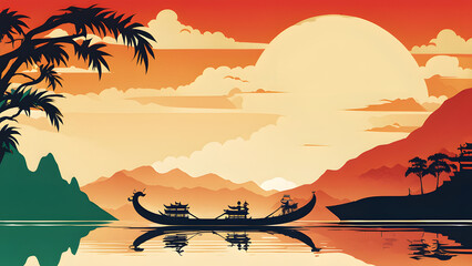 Text-Friendly Dragon Boat Serenity: Background Design Featuring a Dragon Boat on the River. Perfect for Celebrating Dragon Boat Festival. 16:9 Background.