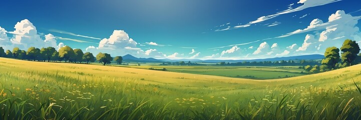 Obraz premium Wide angle animation anime panoramic landscape of prairie grasslands from Generative AI