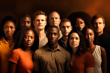 Multicultural group of people with various ethnicities standing together at brown background - 748526884