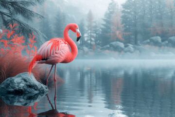 Bright pink flamingo stands gracefully on one leg by a misty lakeside, surrounded by ethereal red foliage. - obrazy, fototapety, plakaty