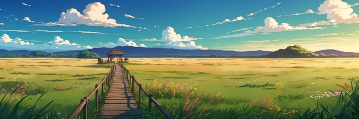 Wide angle animation anime panoramic landscape of prairie grasslands with walkway from Generative AI