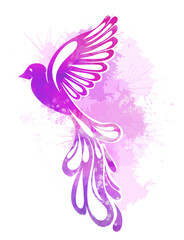 Vector flying watercolor violet bird with sprays isolated from background. Gentle symbol of freedom. Design element