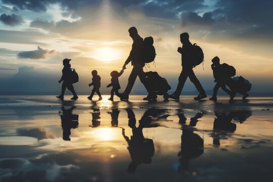Silhouette of a Immigration family walking with backpacks at sunset on International Migrant Workers' Day.