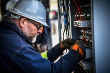 Professional man wearing hat and glasses working on electrical panel Ideal for illustrating electrical concepts.