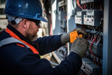 Professional man wearing hat and glasses working on electrical panel Ideal for illustrating electrical concepts.