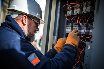Professional man wearing hat and glasses working on electrical panel Ideal for illustrating electrical concepts.