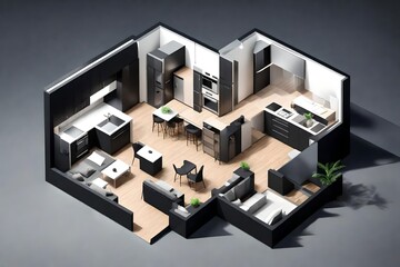 3D Floor plan of a home, 3D illustration. Open concept living apartment layout 