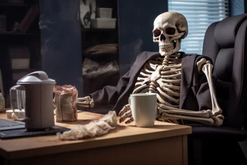 Foto op Aluminium Skeleton sitting at table drinking coffee halloween pictures We've been waiting for a long time, retirement. Long meetings..every day. © ORG