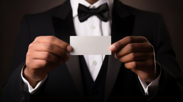 Professional man in a formal tuxedo holding a business card