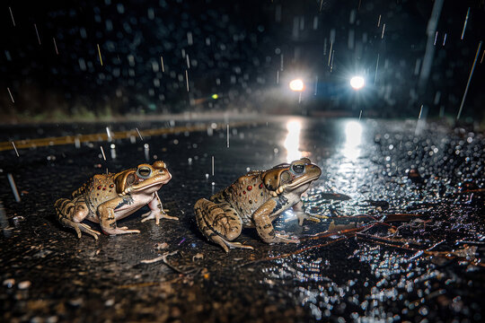 Rainy Night Encounter: Two Frogs Crossing a Wet Road Illuminated by Vehicle Lights