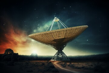 Advanced Radio telescope pointing sky at field background. Signal space science research. Generate Ai