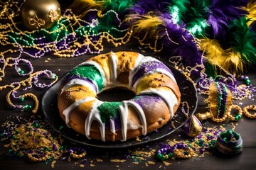 king cake surrounded by mardi gras decorations