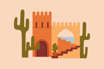 Morocco architecture card. Abstract Moroccan building, arches, tower, stairs. Berber house in ancient Marrakesh and Medina style. Traditional Maroc, Marrakech postcard. Flat vector illustration