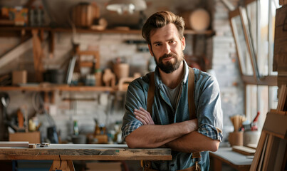 Handsome man working in his workshop for a creative invention