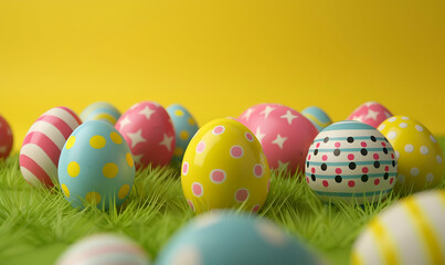 Fototapeta na wymiar Happy easter colourful easter eggs on yellow background decoration concept for greetings and presents on easter