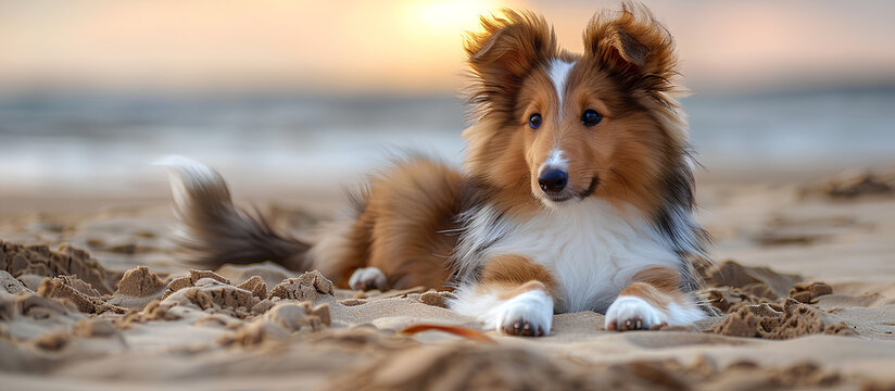 A young Shetland Sheepdog with a fluffy brown and white coat is lying down on top of a sandy beach, enjoying the warm sun and ocean breeze.

