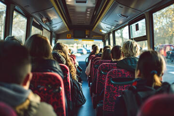 A bus with teenage students traveling on a field trip. Bus interior.