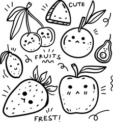 hand drawn cute fruits and text for templates.