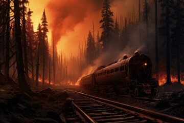 Calamitous Railway fire forest natural. Scenic death. Generate Ai - obrazy, fototapety, plakaty