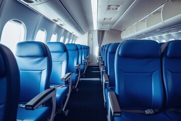 Obraz premium Inside the empty cabin of the plane were blue airline seats.