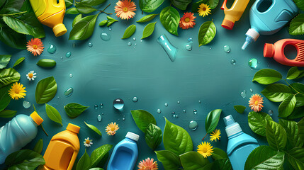 Obraz na płótnie Canvas Spring Cleaning concept background with an image of colorful detergent bottles and brushes surrounded by green spring season leaves and copy space 