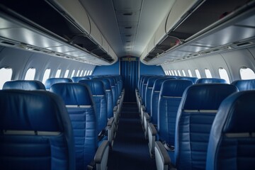 Fototapeta premium Inside the empty cabin of the plane were blue airline seats.