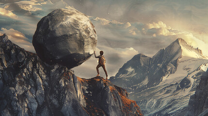 Man climbing the mountain with a big stone in his hand - obrazy, fototapety, plakaty