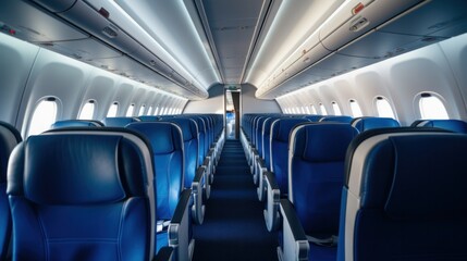 Obraz premium Inside the empty cabin of the plane were blue airline seats.