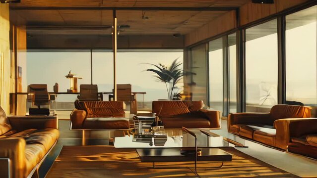 Interior of luxury hotel lobby with beige sofas, coffee table and panoramic windows.
