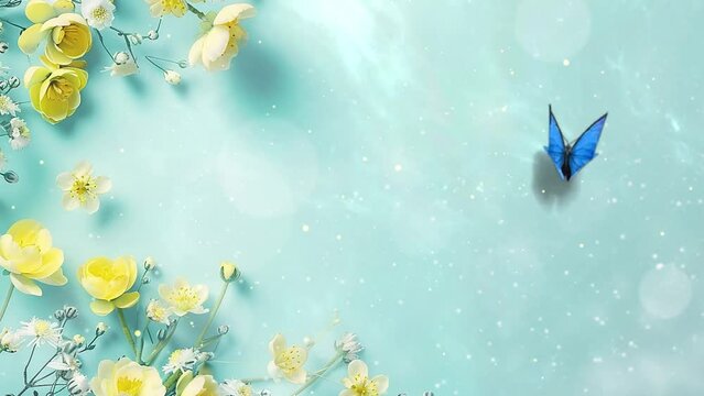 flowers on blue background with space for text. spring sale header or banner design. seamless looping overlay 4k virtual video animation background
