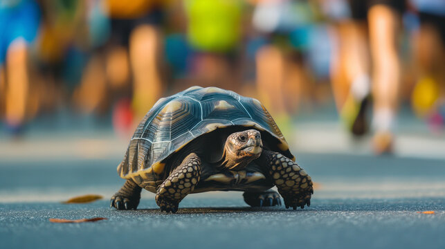 Schnecke Igel Schildkr&ouml;te im Stra&szlig;enverkehr als Symbol f&uuml;r ein Tempolimit in Deutschland lustige Symbolisierung Sarkasmus Generative AI