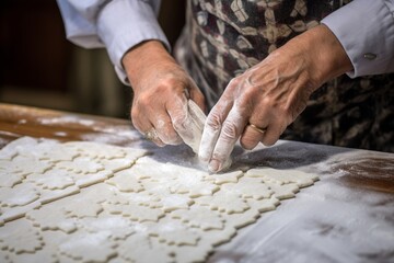 Obraz na płótnie Canvas A male baker's hands gently dusting powdered sugar over freshly baked quilted cookies, each cookie a testament to the creative spirit of Appalachian quilting