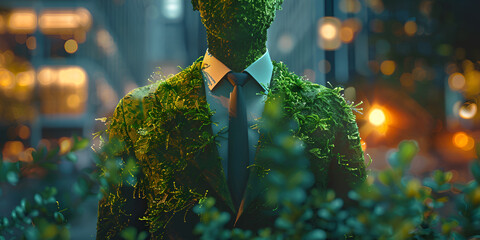 Arafed man in a suit covered in moss in a forest.