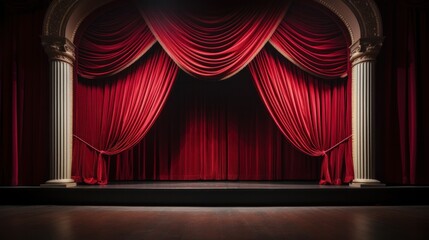 Large theater, empty theater stage with red velvet curtain.