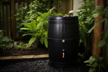 Weathered Black rain barrel sitting outside. Rain water collection equipment for gardening. Generate ai - obrazy, fototapety, plakaty