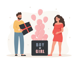 Gender reveal party. Its a girl. Couple opening surprise gift box with inscription Boy or girl. Family dreaming about of future baby. Pink balloons. Baby shower. Vector illustration in cartoon style.