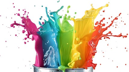 multi colors splashing out of bucket isolated on white background - obrazy, fototapety, plakaty