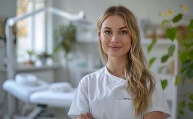 Healthcare professional: confident female therapist in clinic. Skincare specialist: welcoming aesthetician in bright spa. Expert masseuse: young woman ready for spa services.