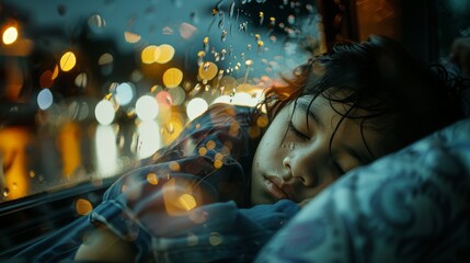 cute little asian girl sleeping in a car with rain outside - obrazy, fototapety, plakaty
