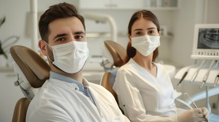 Fototapeta na wymiar Low angle portrait of male and female dentists wearing masks while working in dental clinic
