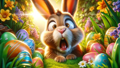 Shocked Easter Bunny Amongst Spring Flowers. surprised Easter bunny in a colorful garden setting, surrounded by decorated eggs and spring blooms - 748532849